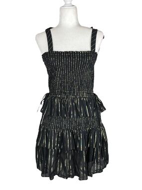 House of Harlow 1960 XS Black & Gold Striped Ruffles Smocked Tiered Mini Dress